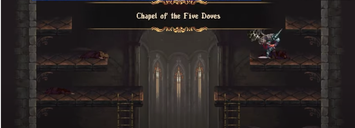 Main character going through Chapel of the Five Doves in Good ending in Blasphemous 2