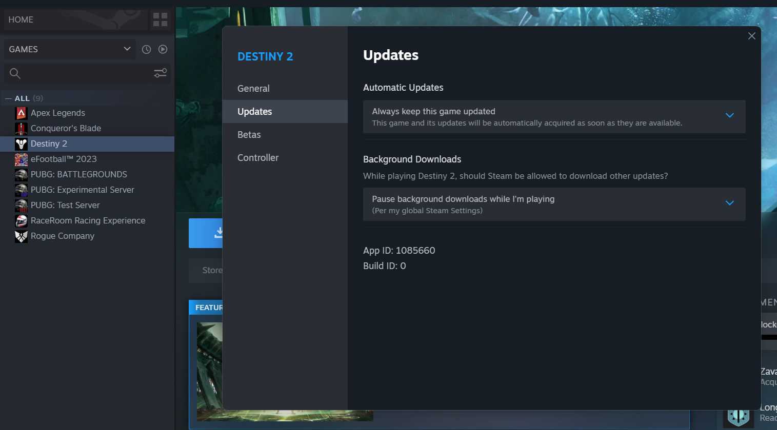 Steam window showing update to solve destiny 2 not updating